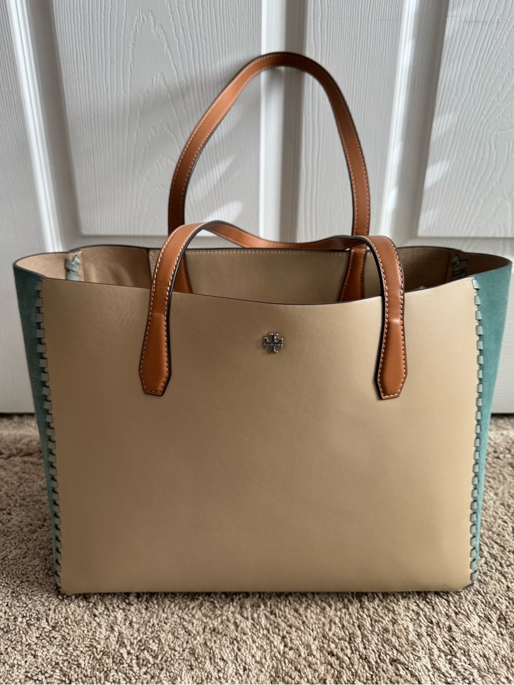 Tory Burch-Beige & Blue Leather Tote